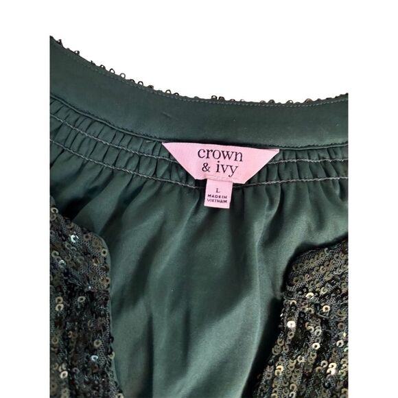 Crown & Ivy Women's Sequin Blouse Green Long Sleeve Size L Christmas Holidays - Picture 3 of 9
